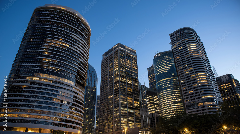 Obraz premium City skyline illuminated at dusk with modern skyscrapers standing tall
