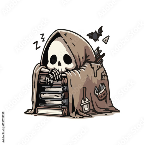 A sleepy skeleton wrapped in a cloak naps on a stack of books, surrounded by spooky items like a bat, pencils, and brushes, blending gothic charm with cozy, creative vibes.