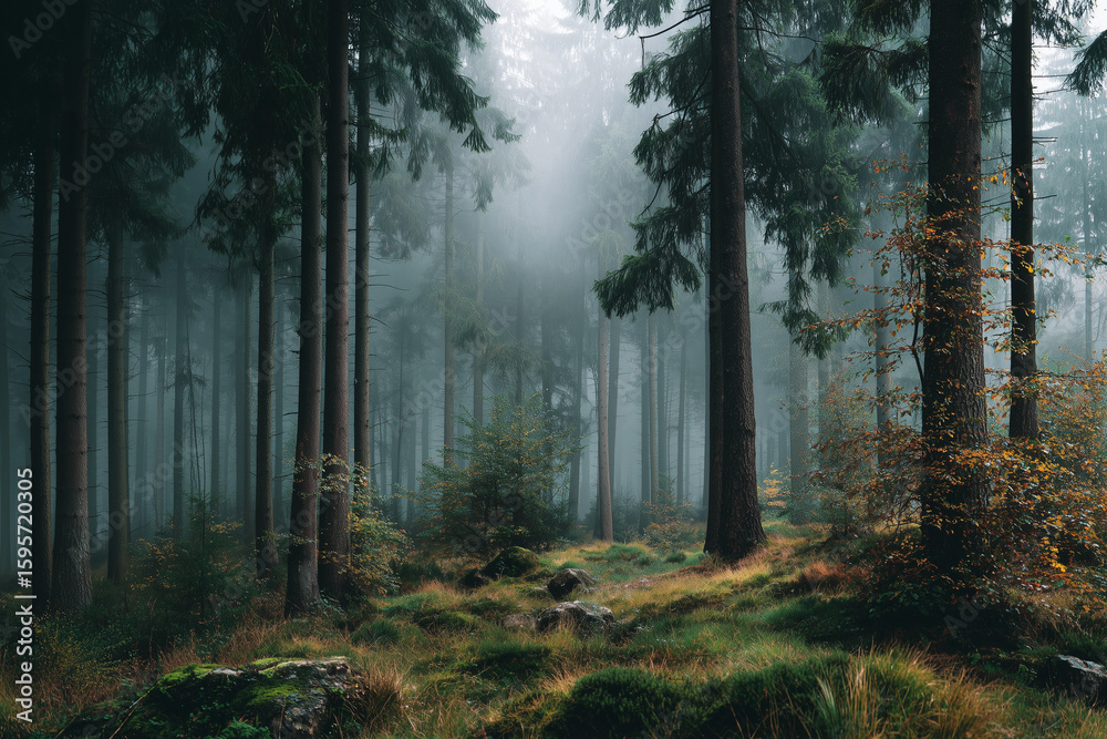 Fototapeta premium Misty Forest with Sunlight Filtering Through