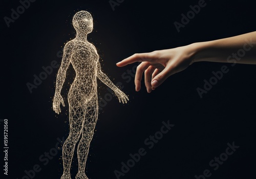 A hand is reaching towards a glowing wireframe human figure on a dark background.
