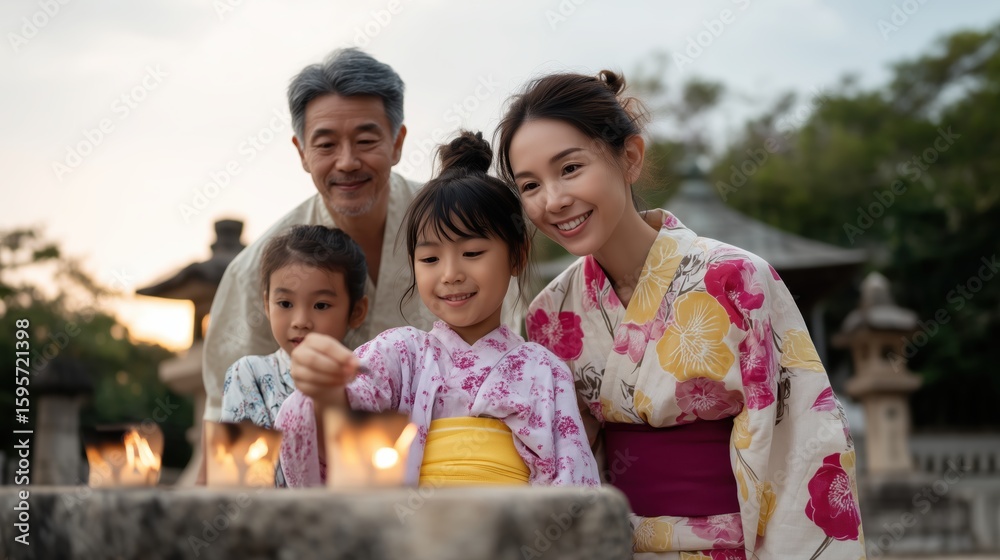 Fototapeta premium Golden hour joy at shrine lantern lighting