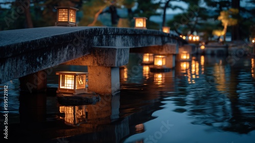 Traditional Lanterns on Calm Water at Obon Celebration
