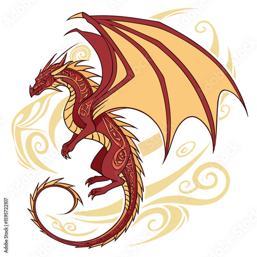 Majestic crimson dragon with golden wings soaring amidst swirling golden patterns fantasy creature
