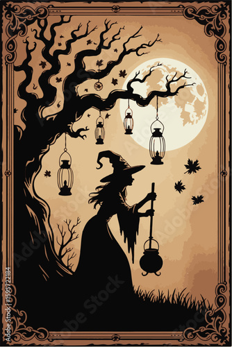Witch in Enchanted Forest Under Full Moon – Shadow and Lore Vintage Illustration