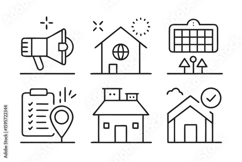 Clean minimalist grid of real estate icons silhouette