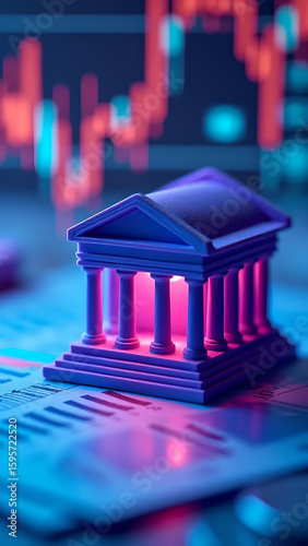 Miniature neoclassical bank building placed on financial documents, blurred background showing glowing stock market charts and candlestick graphs, Vertical image