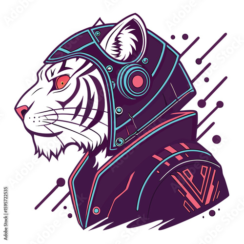 Cyberpunk White Tiger Robot Head Illustration