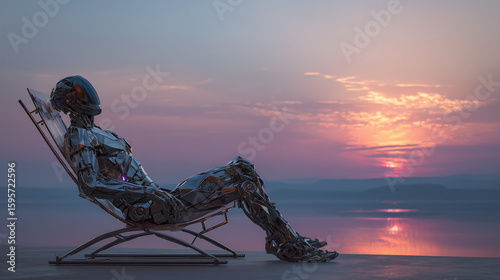 Relaxing Cyborg in Chrome Lounge Chair at Sunset