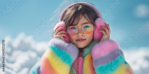 dollcore style portrait of a girl in colorful winter clothes, pastel faux fur coat and earmuffs, snow on the ground, clear cold sky, no bokeh, vivid winter color palette, happy emotion, editorial fash
