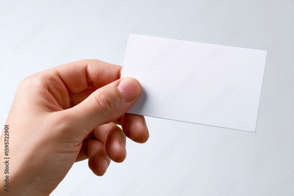 Obraz premium A hand holds a blank white business card against a neutral backdrop