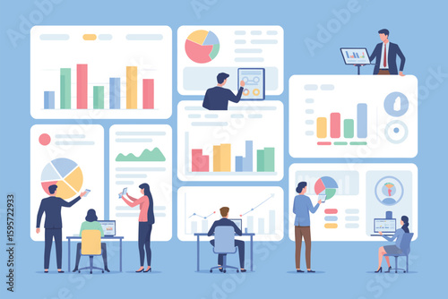 Illustration of business team analyzing data charts and graphs on multiple screens in a light blue setting