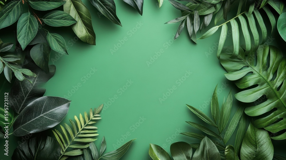 Naklejka premium A vibrant collection of tropical leaves arranged on a solid green background, ideal for artwork, design projects, or eco-friendly themes. Perfect for various creative uses.