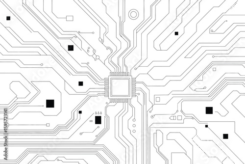 A detailed white background image showcasing a complex circuit board design with integrated components