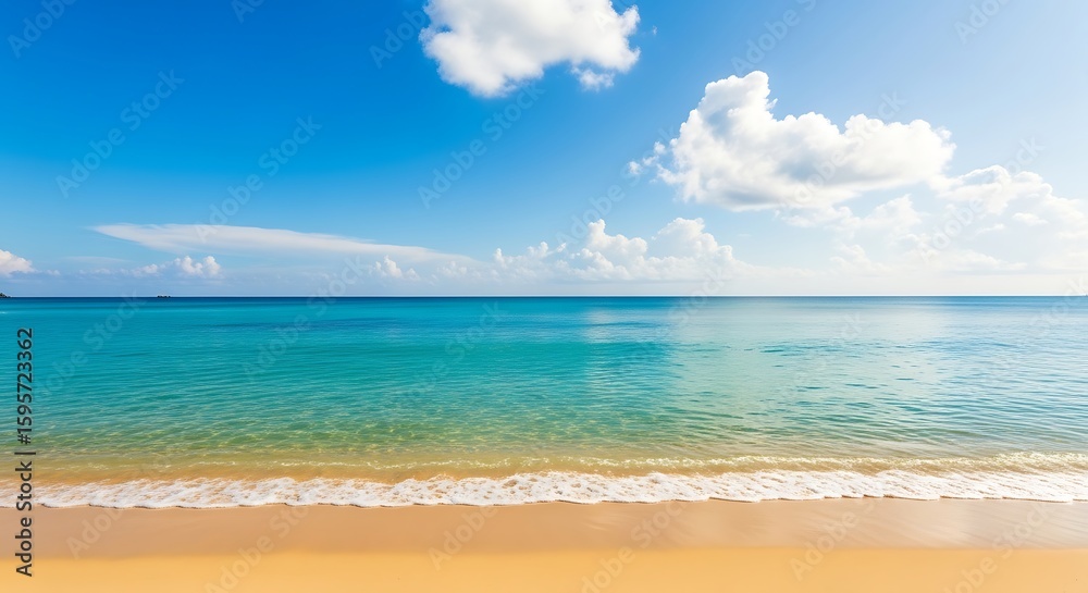 Obraz premium Serene tropical beach scene with calm turquoise water, soft waves lapping a sandy shore under a bright blue sky dotted with fluffy white clouds.