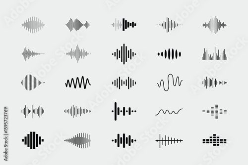 A collection of twenty four different sound wave visualizations on a light gray background design set up