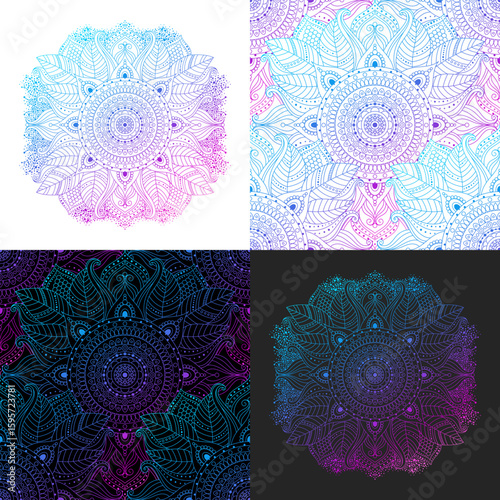 Set of ethnic seamless patterns and floral mandala in a psychedelic dark and light palette, pink, purple and blue. Abstract designs and floral decorations, oriental, indian, asian motifs.