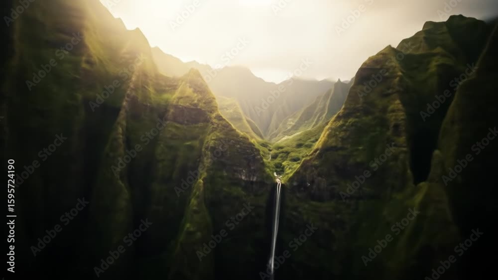 Cinematic aerial view flying over lush green mountain peaks in Hawaii