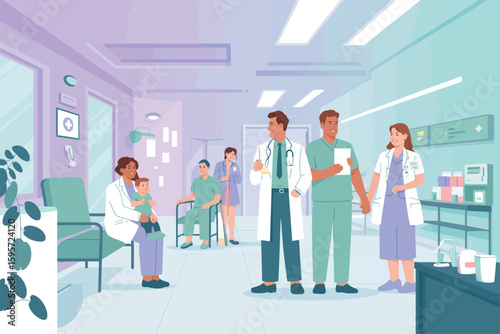 Illustration of doctors and patients in a hospital hallway with medical equipment and supplies visible