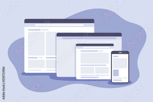 Illustration of responsive web design with desktop tablet and mobile phone screens on light background
