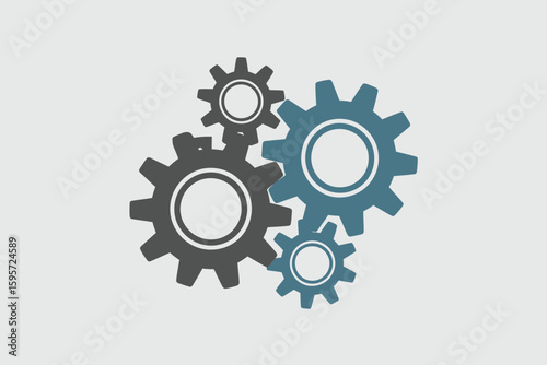 Illustration of four gears of different sizes and colors on a plain light gray background surface