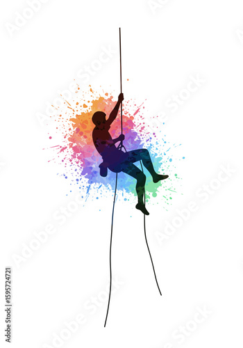 Silhouette of a climber rappelling down a rope, set against a vibrant, colorful watercolor splash background.