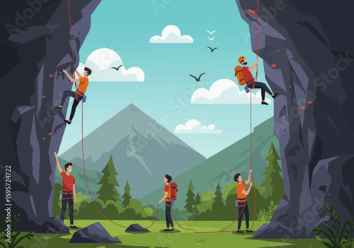 Group of rock climbers scaling a mountain face, surrounded by nature.