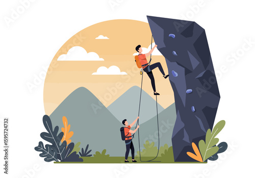 Two climbers ascend a steep rock face, teamwork and adventure in a scenic mountain landscape.