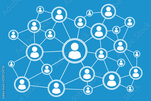 A blue background with a white network of connected people icons forming a complex social structure
