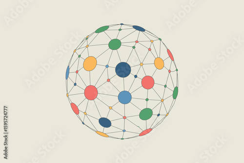 A stylized globe with colorful circles connected by lines on a light beige background is displayed
