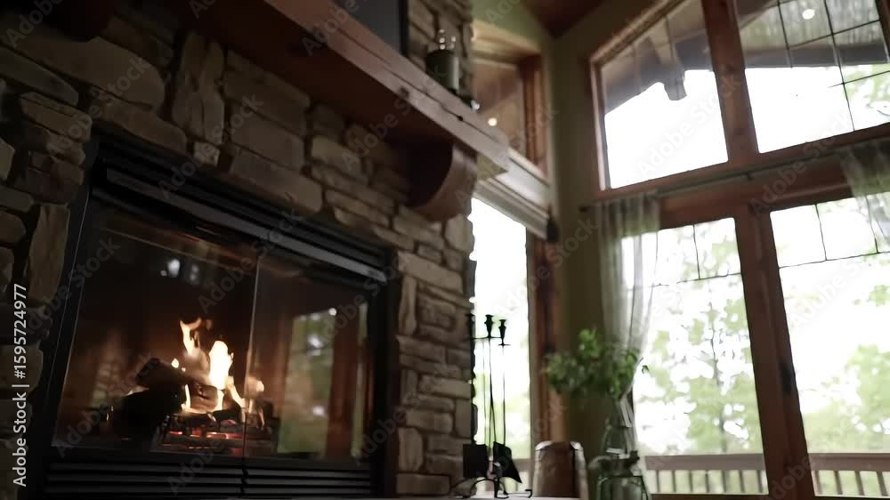 Cozy fireplace with burning wood, stone surround, and large windows