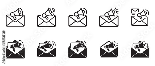 Email marketing icon set in vector style with megaphone outline and silhouette for digital campaigns and communication