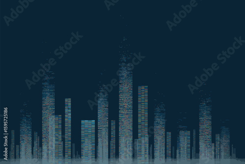 Abstract cityscape with tall buildings against a dark blue background creating a modern and artistic look