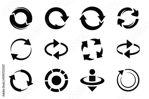 A collection of twelve black circular arrow icons and other related symbols on a white background