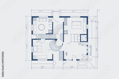 A detailed blueprint of a two story house featuring a spiral staircase and various room layouts and dimensions