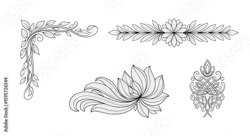 Floral Ornament Design: Detailed monochrome floral ornaments, showcasing elegant leaf patterns and delicate petal designs, ideal for adding refined artistic flair.