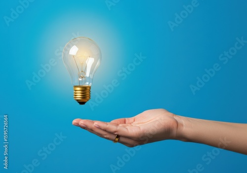 A bright light bulb is held over a person's open hand, representing a great idea.