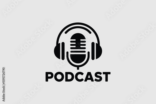 A black and white graphic of a microphone with headphones and the word podcast underneath it shown clearly
