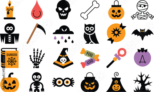 Collection of spooky halloween icons and symbols for decoration