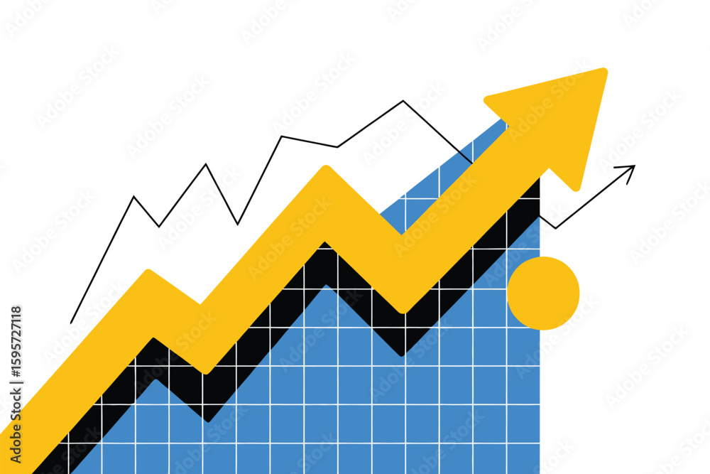 Obraz premium Illustration of a yellow arrow pointing upwards over a blue grid with a black line and yellow circle