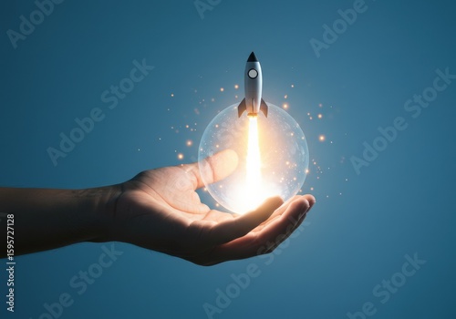 A rocket ship launching from a glowing sphere held in a hand, representing new beginnings.