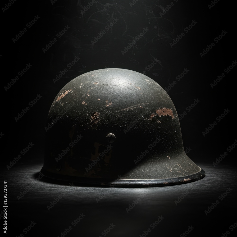 Fototapeta premium A Vintage Military Helmet Captured in Dramatic Lighting, Symbolizing History and Courage