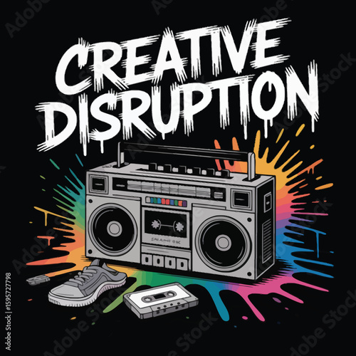 Retro boombox with colorful paint splatters and vintage accessories cassette tape sneaker