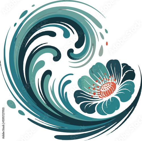 Swirling ocean waves with a blooming flower water floral