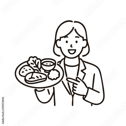 Heat‑stroke prevention – woman pointing balanced meal plate, minimal line art illustration