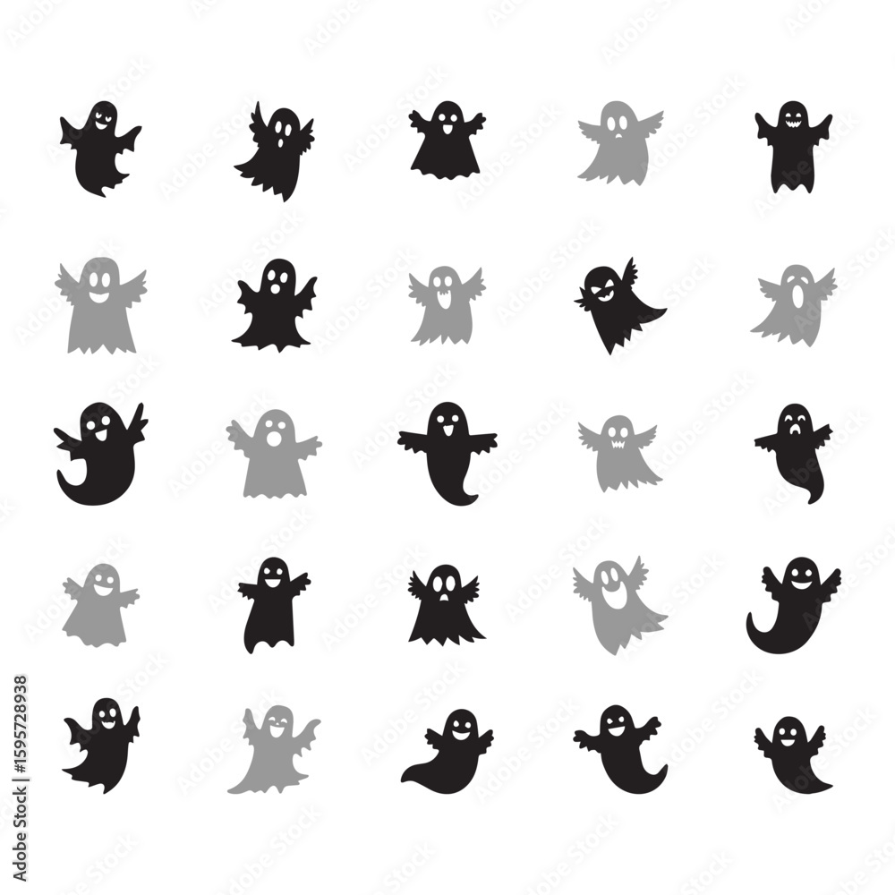 Obraz premium Cute Halloween Ghost Icon Set – Cartoon Spooky Ghost Collection Vector