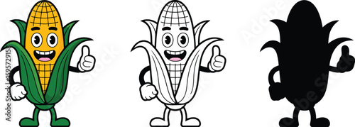 Corn cartoon character illustration set in color black and white and silhouette style vector image