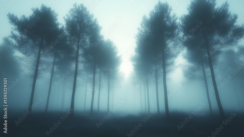 Obraz premium A mysterious, foggy forest with tall tree silhouettes on a moody, blue morning. This atmospheric landscape is perfect for mysterious or calm concepts