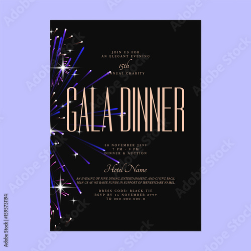 Charity gala dinner invitation features stylized colorful fireworks on the left on a dark gray background