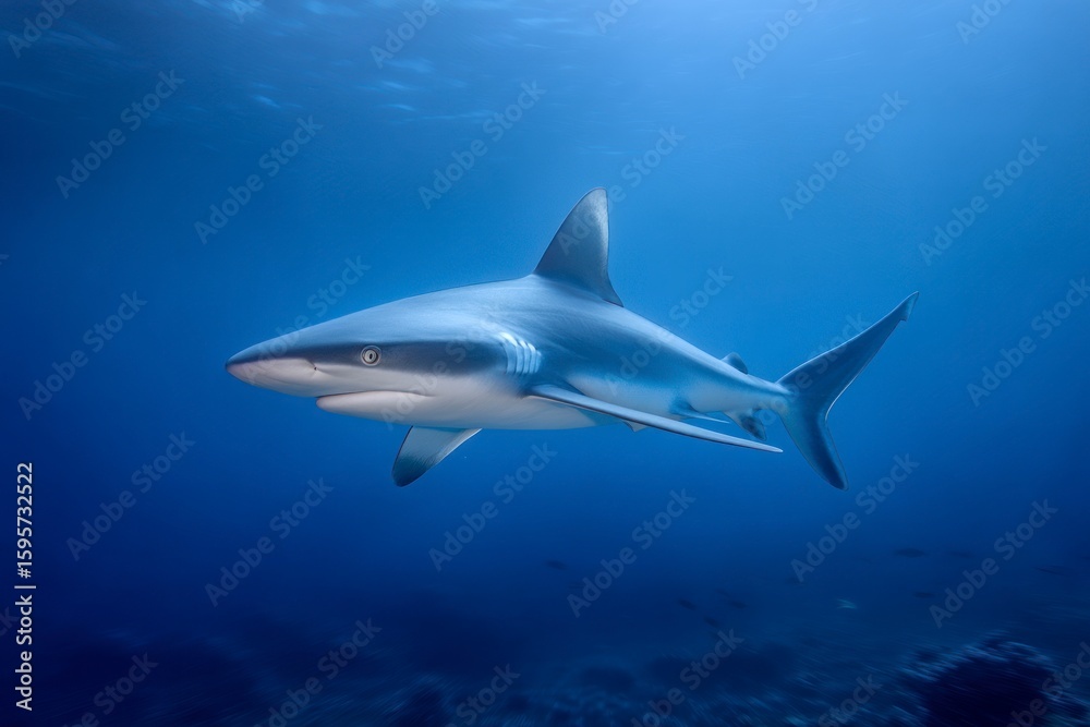 Fototapeta premium Gray shark swimming in a blue ocean with light ripples on the surface