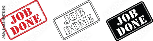 Job done stamp vector set, complete task icon, finished work sign, achievement symbol, red black outline